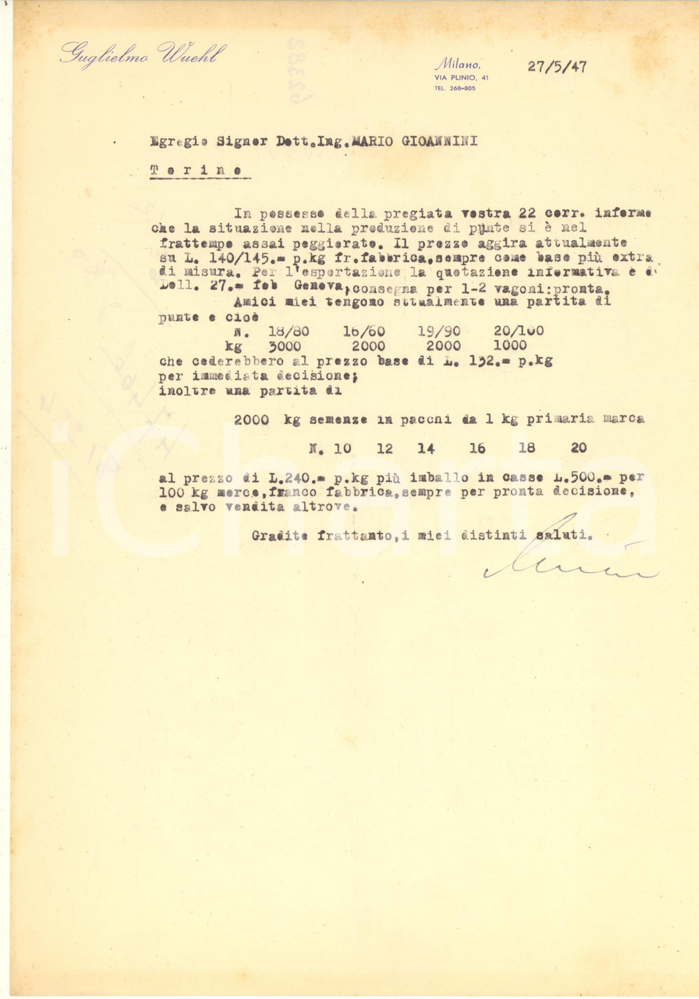 Documento originale, autentico 1947 MILANO Via Plinio 41   Guglielmo WUEHL  Lettera per partita di punte 1