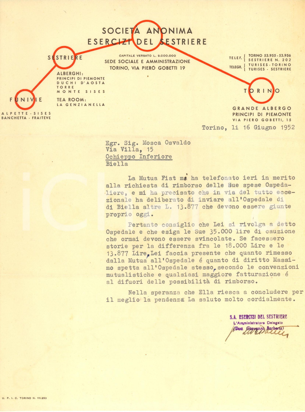 Manoscritto, lettera originale 1952 TORINO Società Anonima Esercizi del Sestriere  Lettera Giovanni BARBERIS 1
