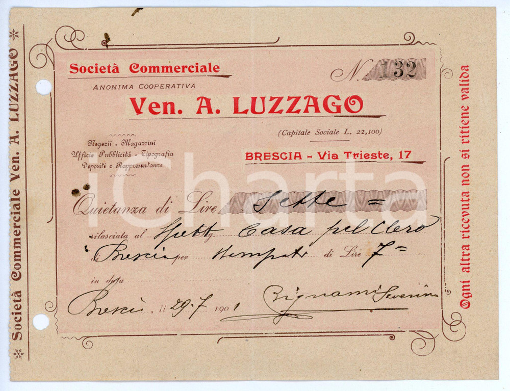 1901 BRESCIA Società Ven. A. LUZZAGO Quietanza per Casa pel clero - 16x12 cm Documento d'epoca.  CONDIZIONI:FAIR/discreto Piegature centrali d'epoca, fori da classificatore al margine sinistroFORMATO: 16x12 cm originale e autentica 1