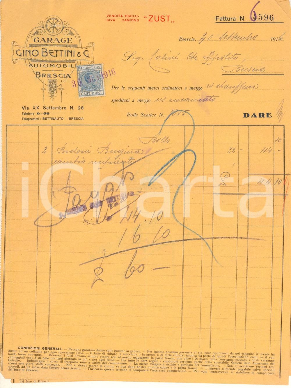 Documento originale, autentico 1916 BRESCIA Garage Gino BETTINI Automobili 2 fatture intestate 1