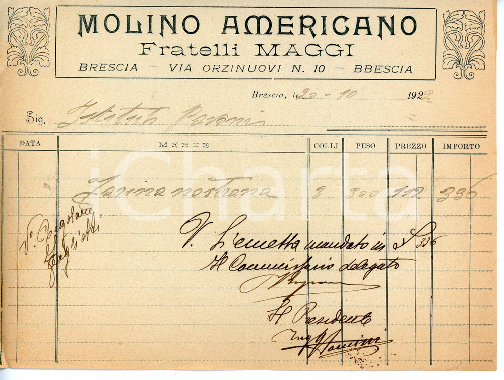 Documento originale, autentico 1922 BRESCIA Via Orzinuovi 10 MOLINO AMERICANO Fratelli MAGGI Fattura farina 1 1