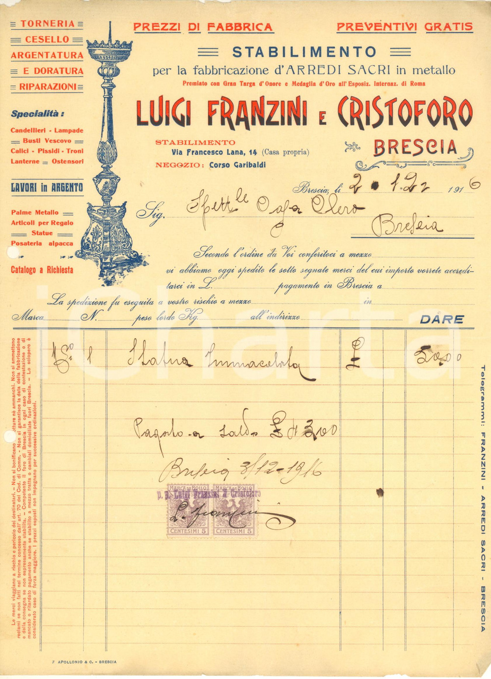 Documento originale, autentico 1916 BRESCIA Luigi FRANZINI e Cristoforo  Arredi sacri in metallo Fattura 1