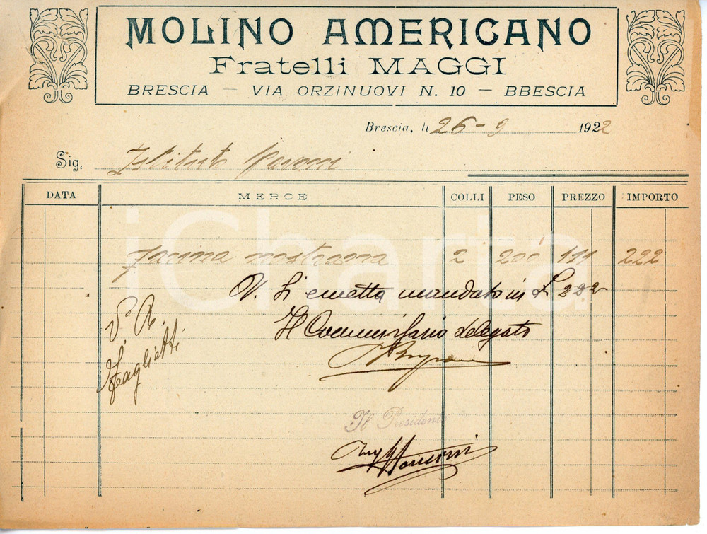 Documento originale, autentico 1922 BRESCIA Via Orzinuovi 10 MOLINO AMERICANO Fratelli MAGGI Fattura farina 2 1