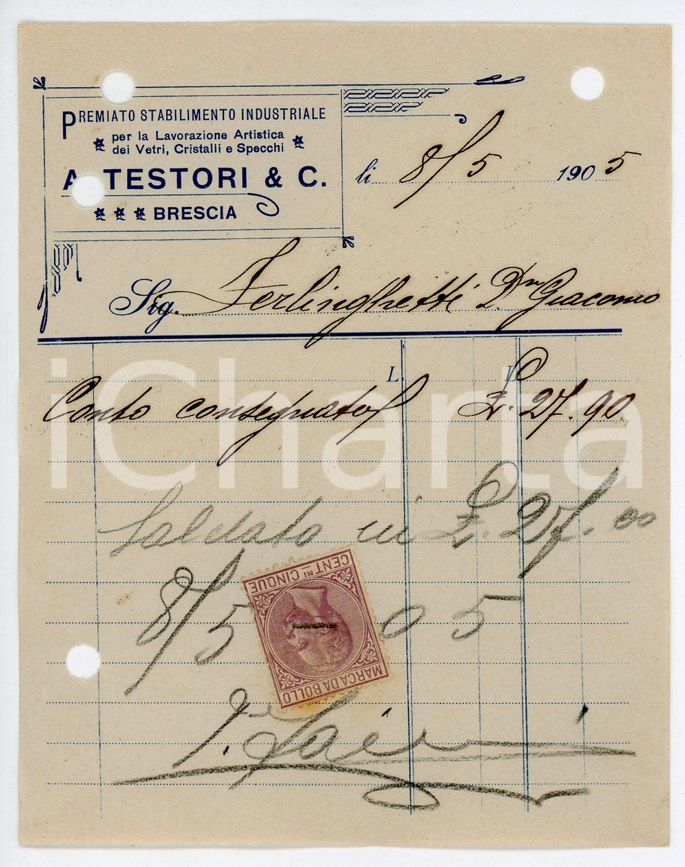 1905 BRESCIA Vetraio A. TESTORI Fattura per Giacomo FERLINGHETTI 11x14 cm Documento d'epoca.  CONDIZIONI:POOR/danneggiato Fori da classificatoreFORMATO: 11x14 cm originale e autentica 1