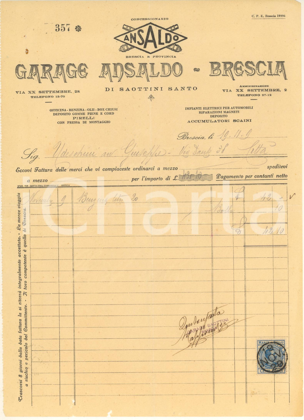 Documento originale, autentico 1929 BRESCIA Garage Ansaldo di Santo SAOTTINI  Fattura per benzina 1