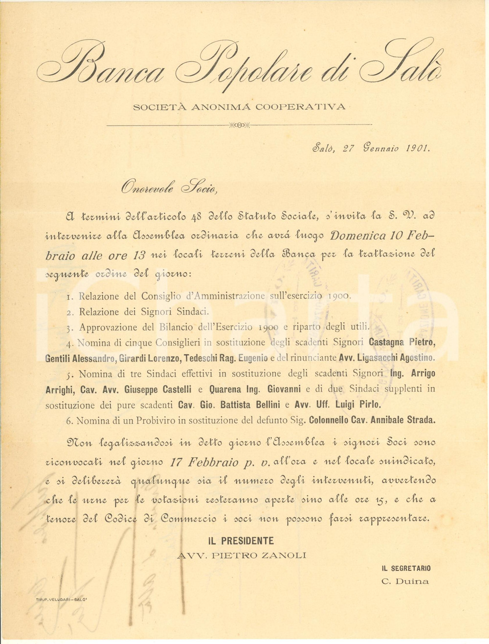 Documento originale, autentico 1901 BANCA POPOLARE DI SALO   Lettera ai soci per convocazione assemblea 1