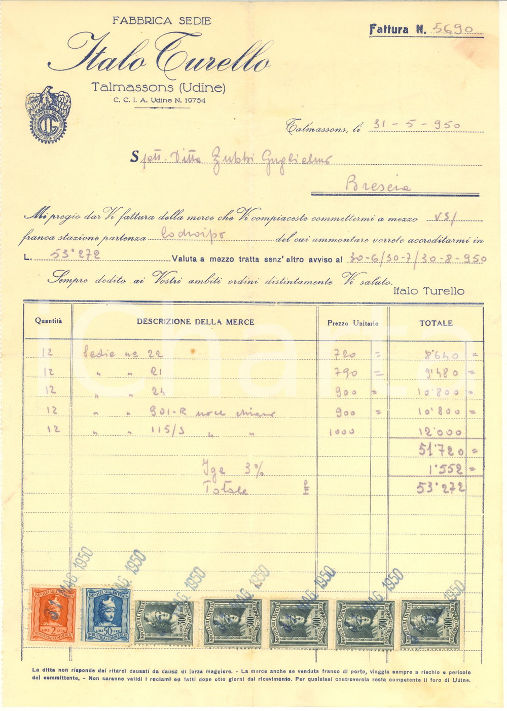 Documento originale, autentico 1950 TALMASSONS UD Italo TURELLO Fabbrica sedie  Fattura intestata 1