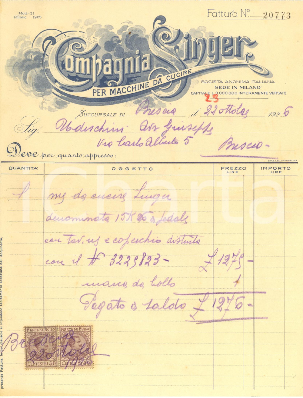 Documento originale, autentico 1926 BRESCIA Compagnia SINGER macchine per cucire  Fattura intestata 1