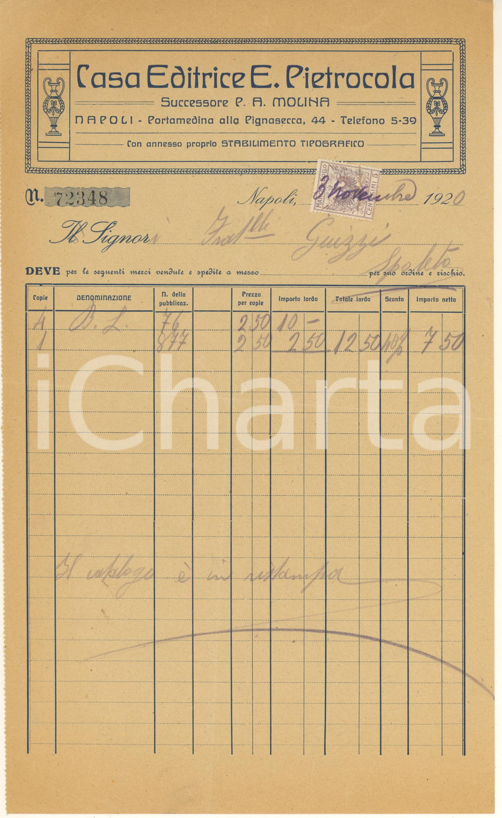 Documento originale, autentico 1920 NAPOLI Portamedina alla Pignasecca  Casa Editrice E. PIETROCOLA  Fattura 1