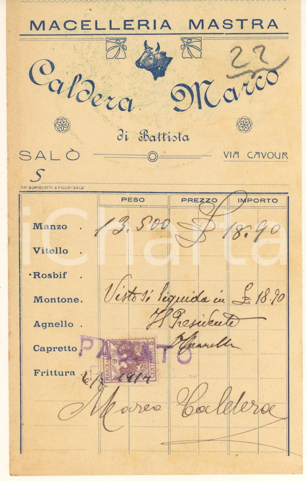 Documento originale, autentico 1914 SALO  BS Macelleria Mastra CALDERA Marco  Fattura intestata 1