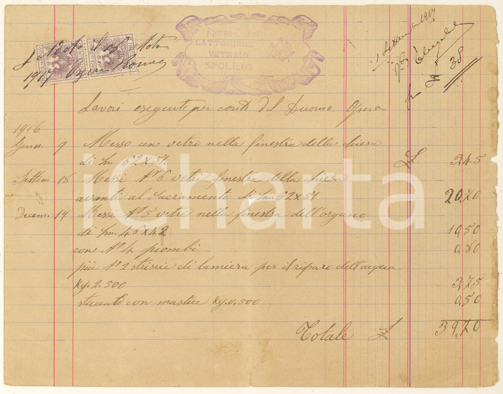Documento originale, autentico 1916 SPOLETO PG Romeo ORSINI Lattoniere vetraio  Conto manoscritto 1