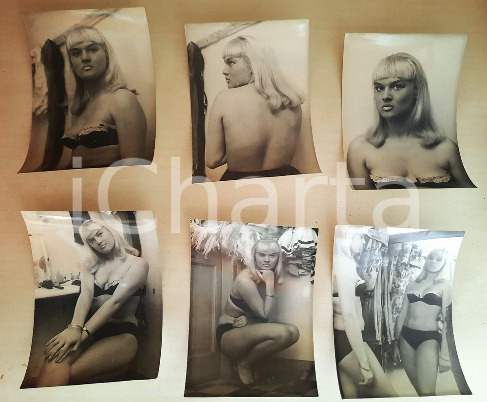 Fotografia d epoca originale 1960 ca EROTICA VINTAGE Modella in bikini e calze a rete Lotto 6 foto 9x13 cm 1