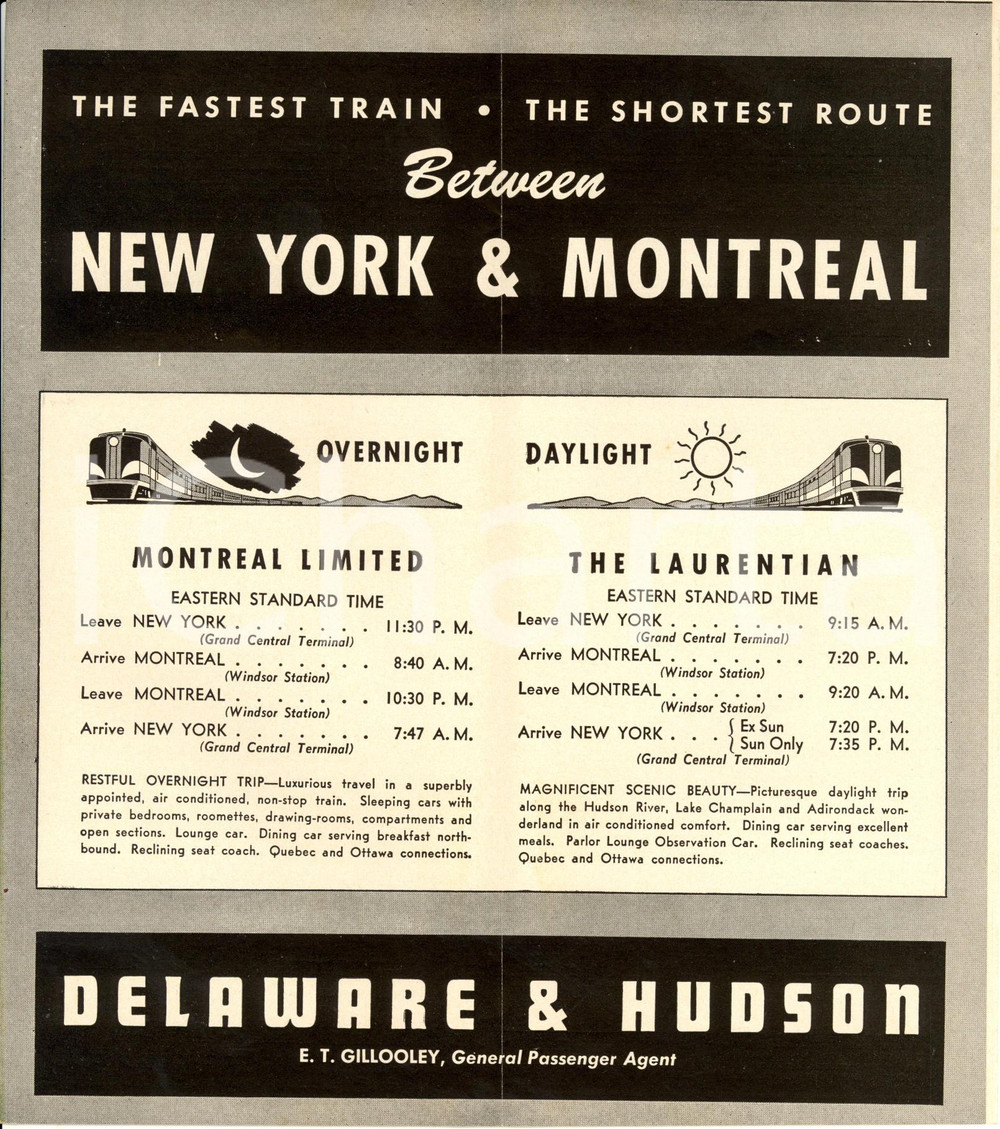 Materiale pubblicitario d’epoca 1954 MONTREAL Limited  DELAWARE & HUDSON railway Orario ferroviario con mappa 1