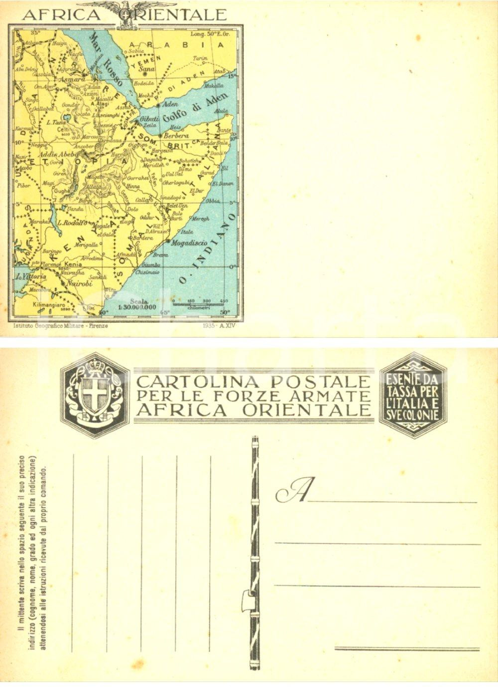 Cartolina originale da collezione 1935 AFRICA ORIENTALE Cartina delle colonie italiane Cartolina Forze Armate 2 1