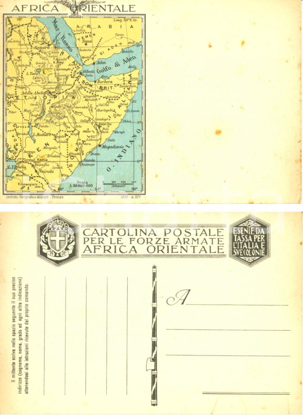 Cartolina originale da collezione 1935 AFRICA ORIENTALE Cartina delle colonie italiane Cartolina Forze Armate 3 1