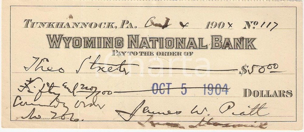 Oggetto da collezione cartaceo 1904 TUNKHANNOCK Pennsylvania USA Assegno bancario WYOMING NATIONAL BANK 1