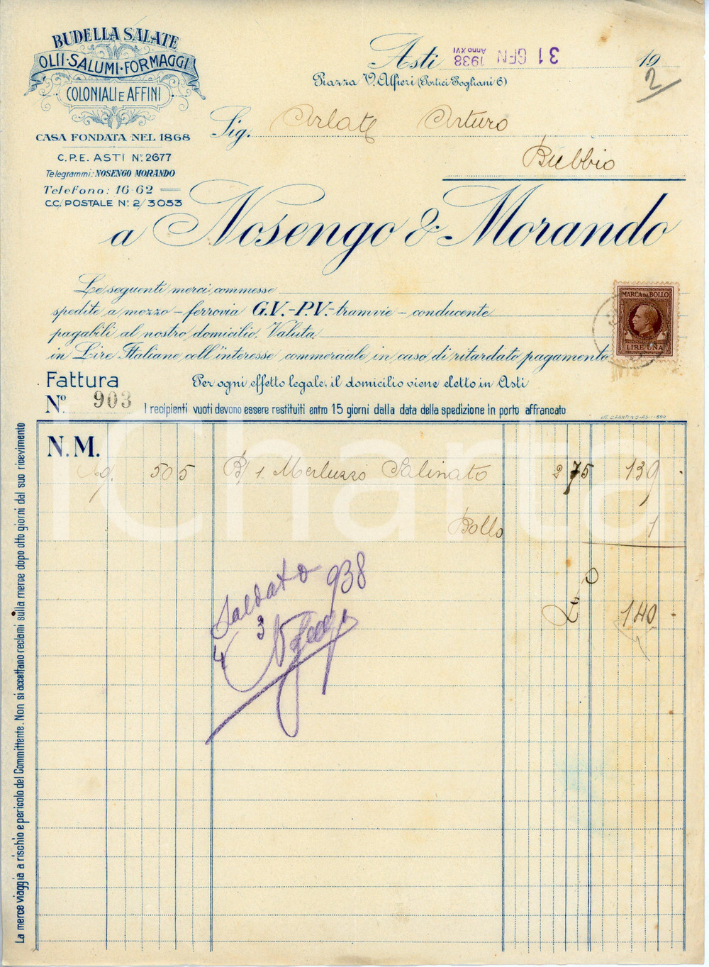 Documento originale, autentico 1938 ASTI Alimentari NOSENGO E MORANDO Fattura per merluzzo salinato  21x29 cm 1