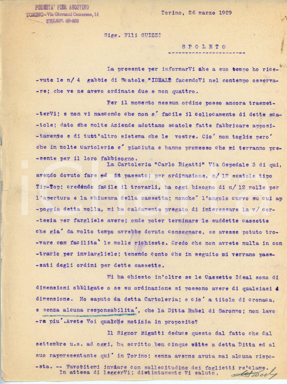 Documento originale, autentico 1929 TORINO Pier Agostino PODESTÀ scrive alla ditta F.LLI GUIZZI di Spoleto 1
