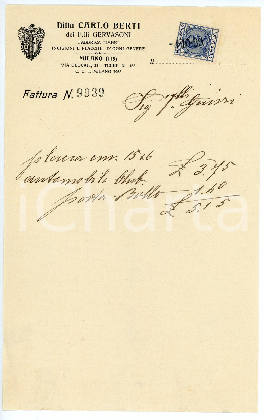 Documento originale, autentico 1929 MILANO Fabbrica timbri Carlo BERTI Fattura per plancia ACI Automobile Club 1