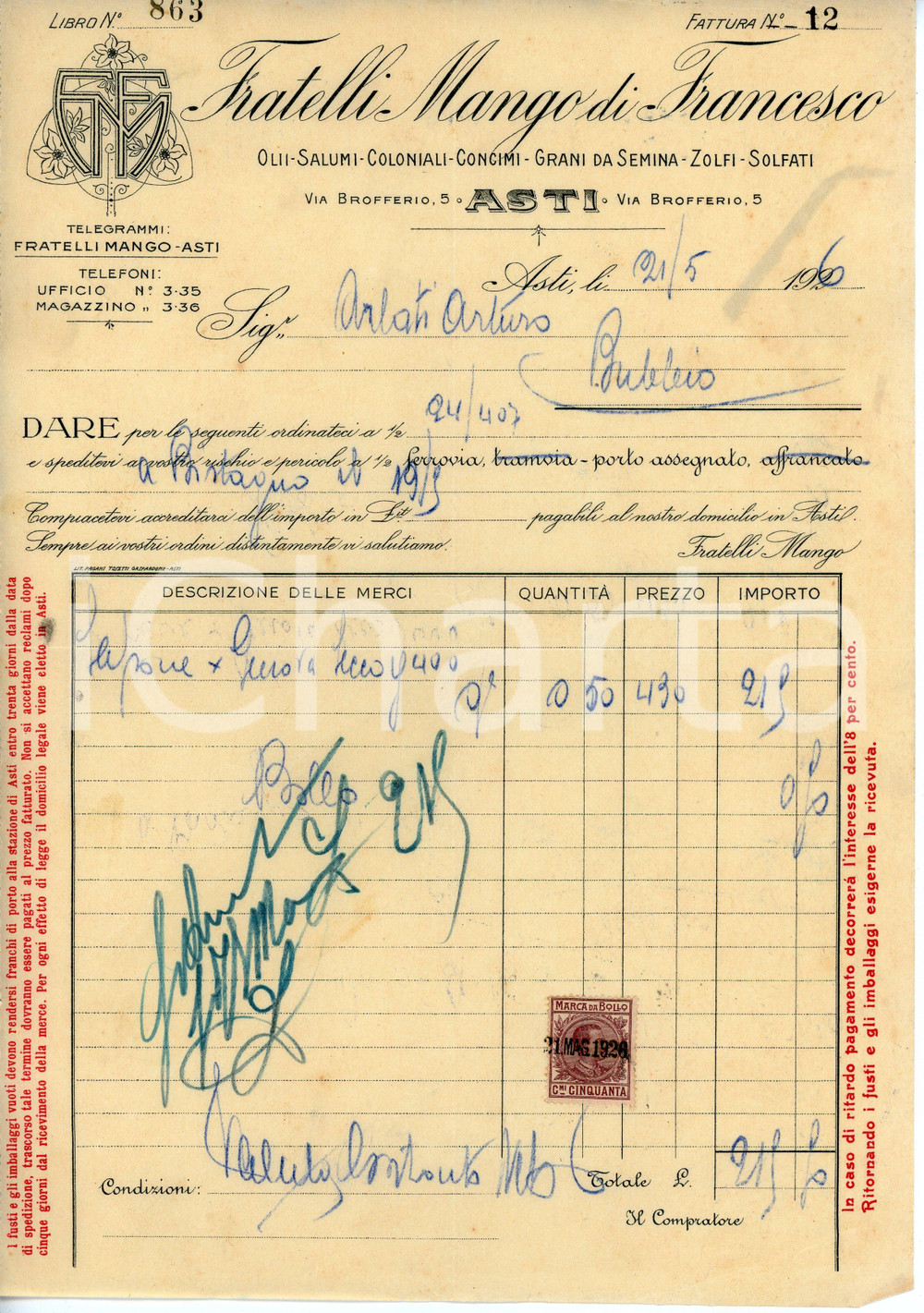 Documento originale, autentico 1926 ASTI Via Brofferio 5  Fratelli MANGO Salumi e coloniali  Fattura 20x29 cm 1