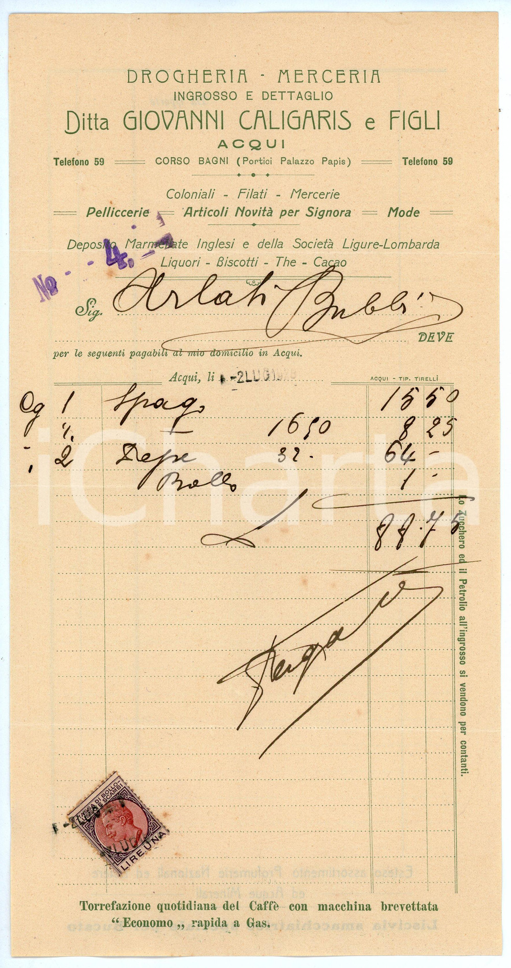 1928 ACQUI TERME Drogheria merceria Giovanni CALIGARIS E FIGLI Fattura 14x28 cm Fattura d'epoca. CONDIZIONI:FAIR/discreto Piegature centrali d'epocaFORMATO: 14x28 cm originale e autentica 1