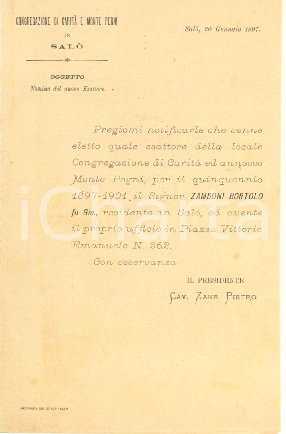 Documento originale, autentico 1897 SALO  BS Congregazione di Carità  Nomina esattore Bortolo ZAMBONI 1
