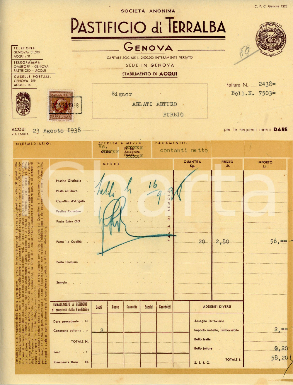 Documento originale, autentico 1938 GENOVA Pastificio di TERRALBA Fattura per pasta di prima qualità  23x28 cm 1