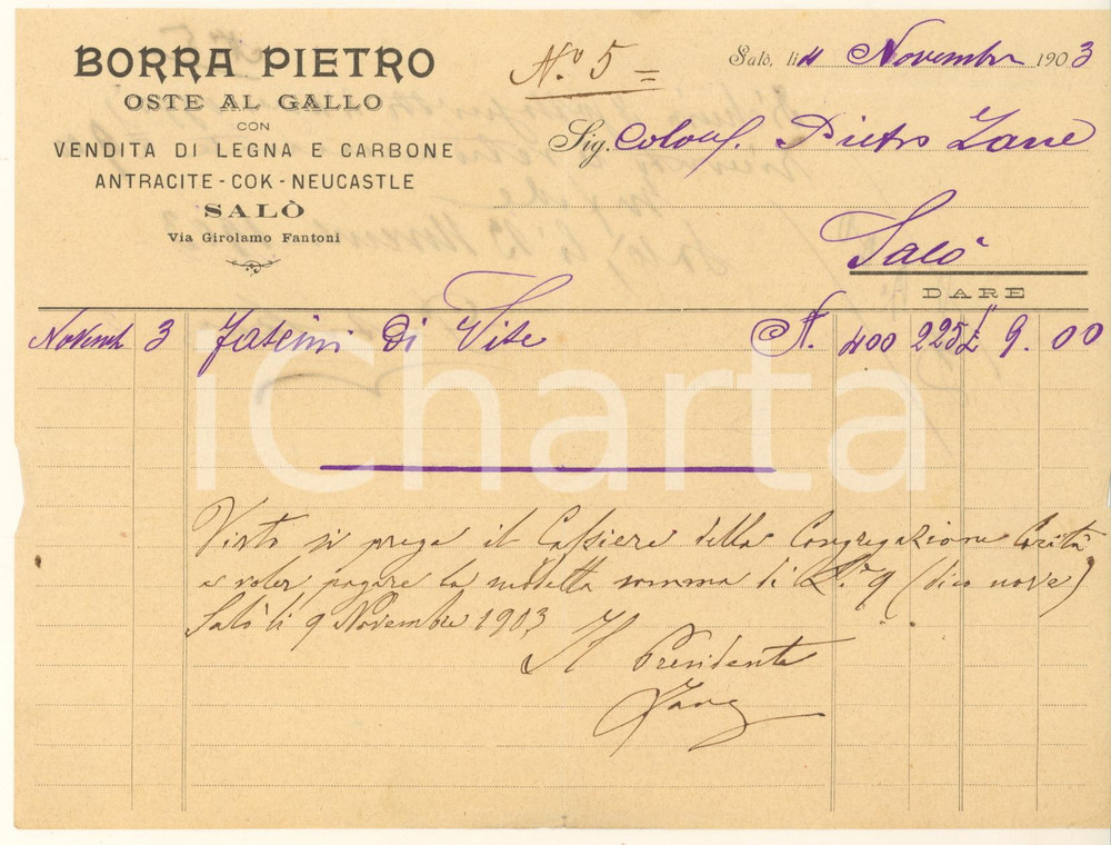 Documento originale, autentico 1903 SALO  BS BORRA Pietro  Oste al Gallo con vendita legna Fattura 1