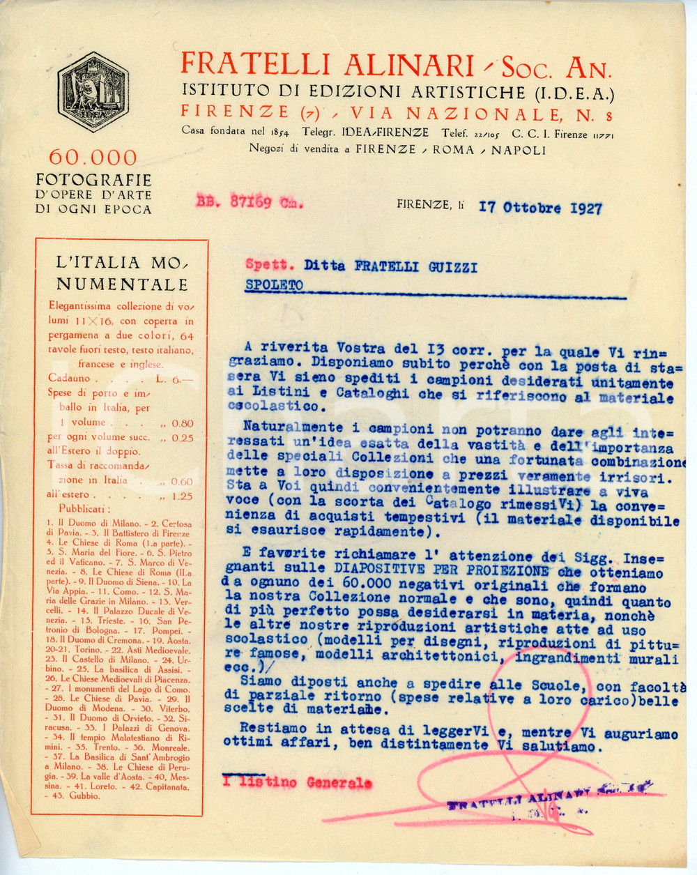 Documento originale, autentico 1927 FIRENZE Fratelli ALINARI Spedizione campionario ai F.LLI GUIZZI di Spoleto 1