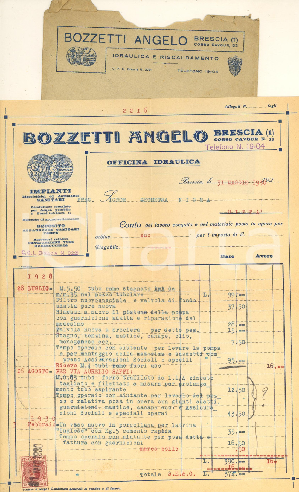 Documento originale, autentico 1930 BRESCIA Corso Cavour  BOZZETTI Angelo  Officina Idraulica Fattura 1