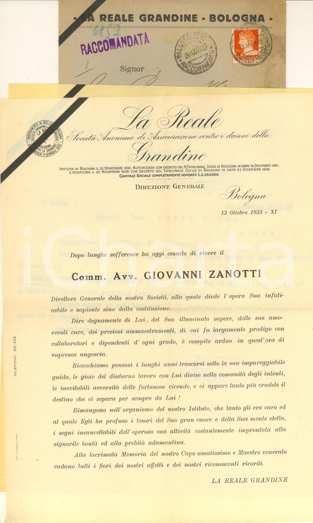 Documento originale, autentico 1933 BOLOGNA  LA REALE GRANDINE  Decesso comm. avv. Giovanni ZANOTTI 1