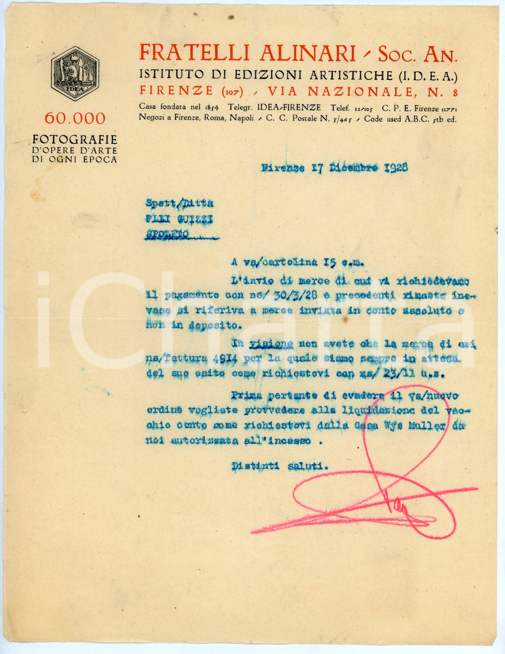 Documento originale, autentico 1928 FIRENZE Fratelli ALINARI Invio merce ai F.LLI GUIZZI di Spoleto  Lettera 1