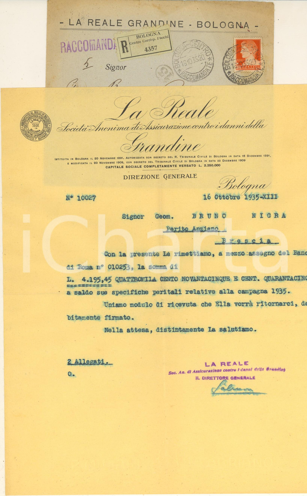 Documento originale, autentico 1935 BOLOGNA  LA REALE GRANDINE  Lettera per saldo di un perito 1