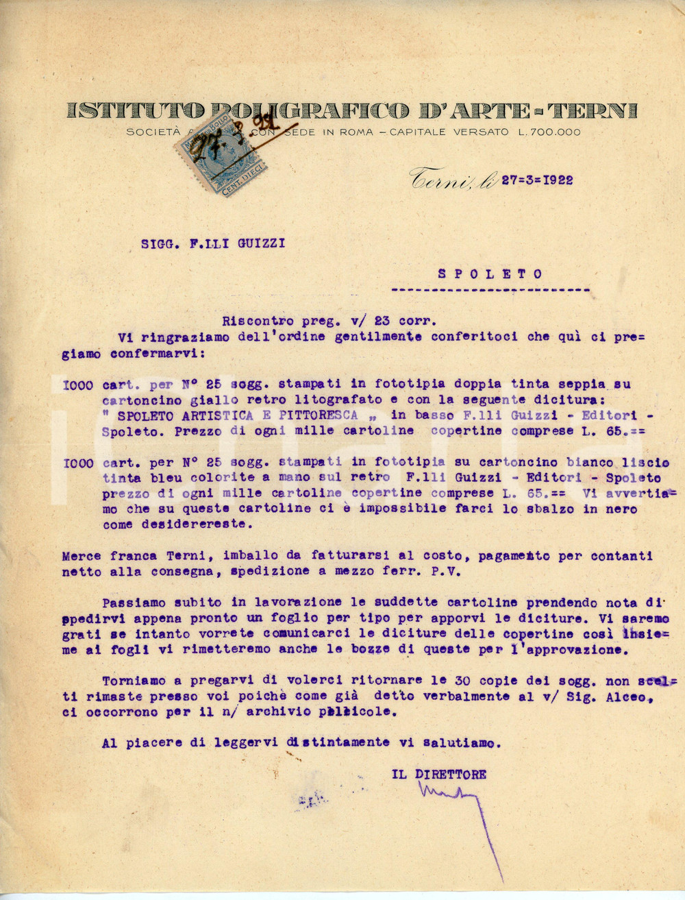 Documento originale, autentico 1922 TERNI Istituto poligrafico d arte  Lettera ai F.LLI GUIZZI di Spoleto 1