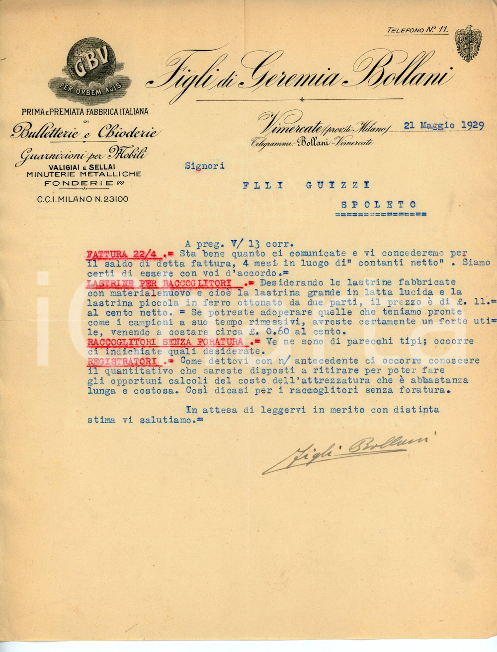 Documento originale, autentico 1929 VIMERCATE Chioderia FIGLI DI GEREMIA BOLLANI Lettera a F.LLI GUIZZI Spoleto 1
