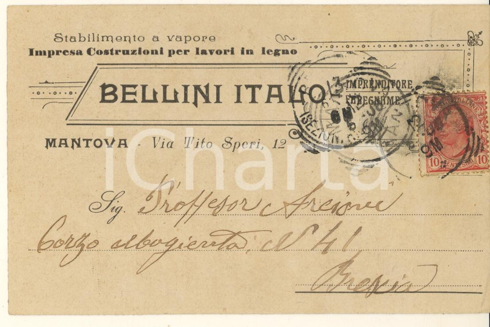 Documento originale, autentico 1908 MANTOVA Italo BELLINI Impresa Costruzioni lavori in legno Cartolina 1