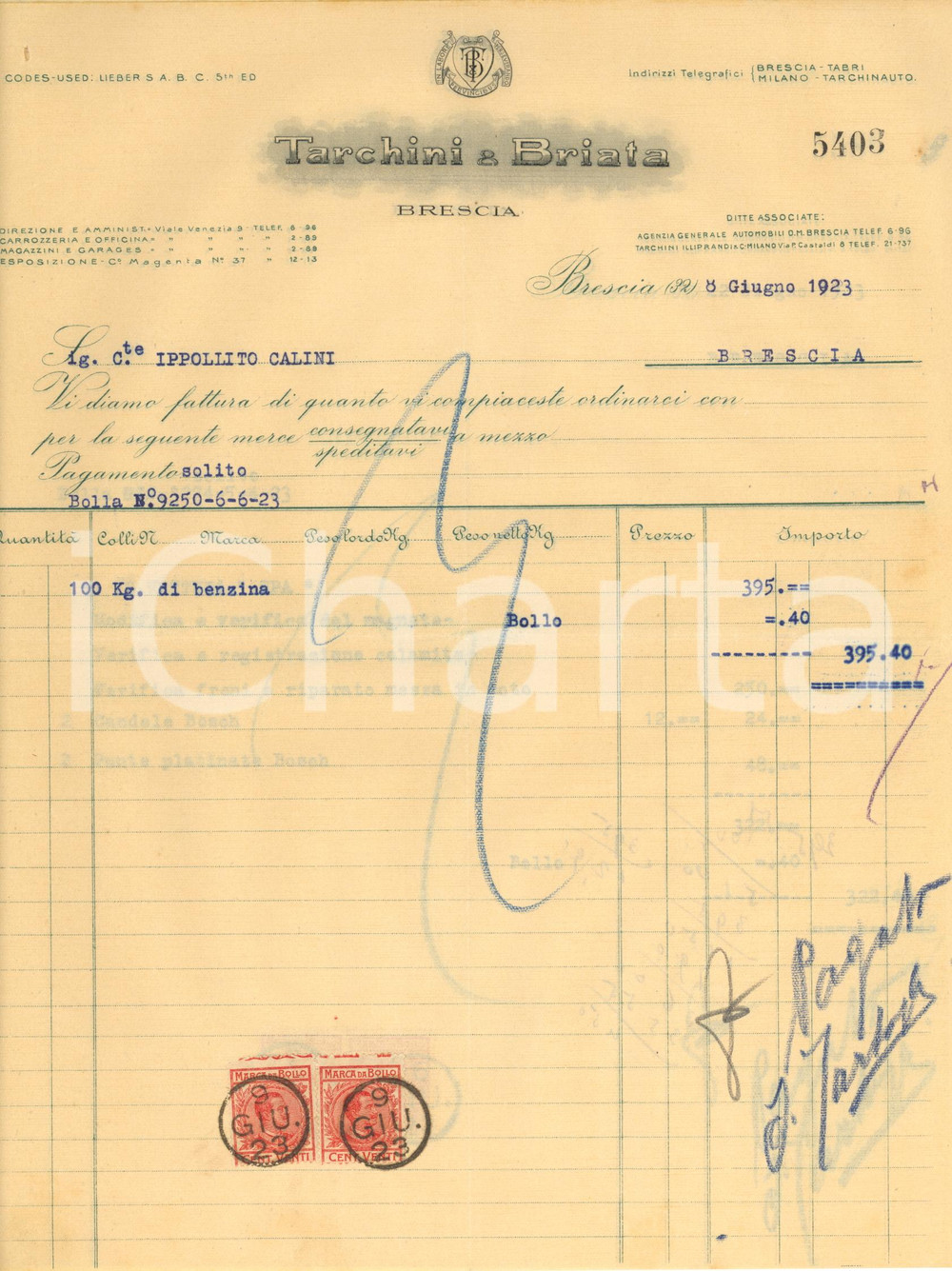Documento originale, autentico 1923 BRESCIA Ditta TARCHINI & BRIATA automobili  Fattura benzina e lavori 1