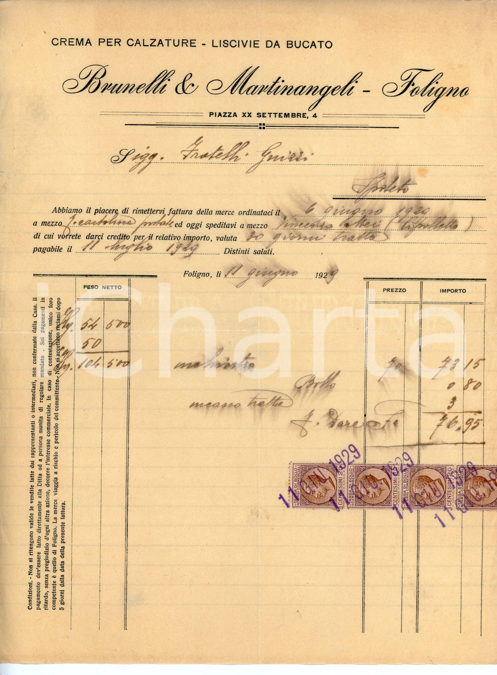 Documento originale, autentico 1929 FOLIGNO Crema per calzature BRUNELLI E MARTINANGELI Fattura 22x28 cm 1