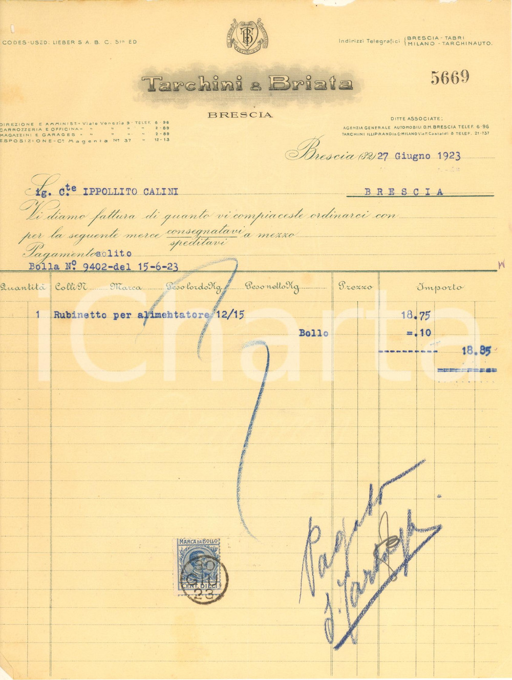 Documento originale, autentico 1923 BRESCIA Ditta TARCHINI & BRIATA automobili  Fattura intestata 2 1