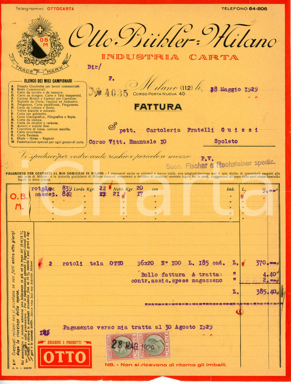 Documento originale, autentico 1929 MILANO Otto BUHLER Industria carta  Fattura per rotoli di tela 21x28 cm 1