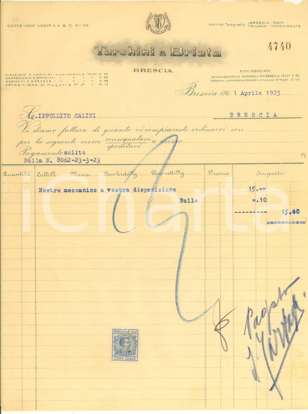 Documento originale, autentico 1923 BRESCIA Ditta TARCHINI & BRIATA automobili  Fattura intestata 3 1