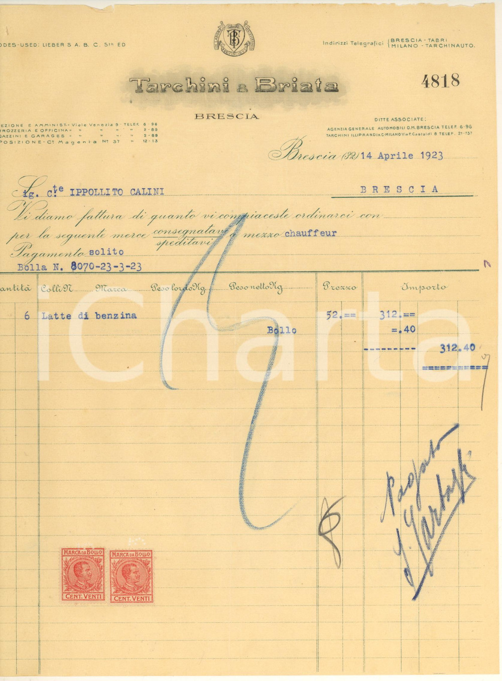 Documento originale, autentico 1923 BRESCIA Ditta TARCHINI & BRIATA automobili  Fattura intestata 4 1
