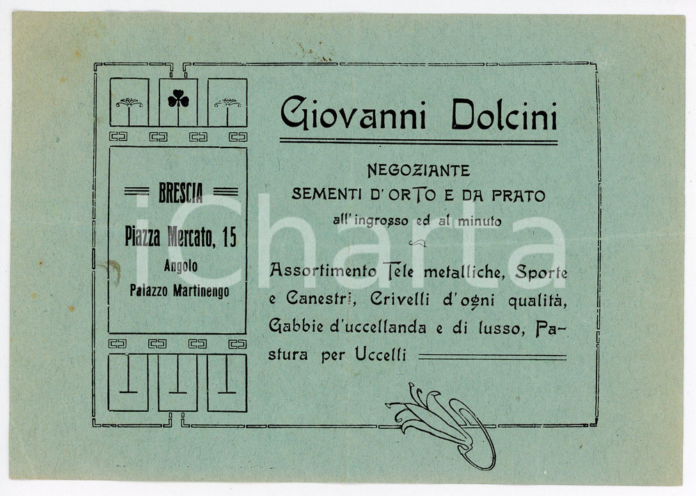 Documento originale, autentico 1924 BRESCIA Giovanni DOLCINI Sementi d orto  Fattura a Istituto PAVONI 1