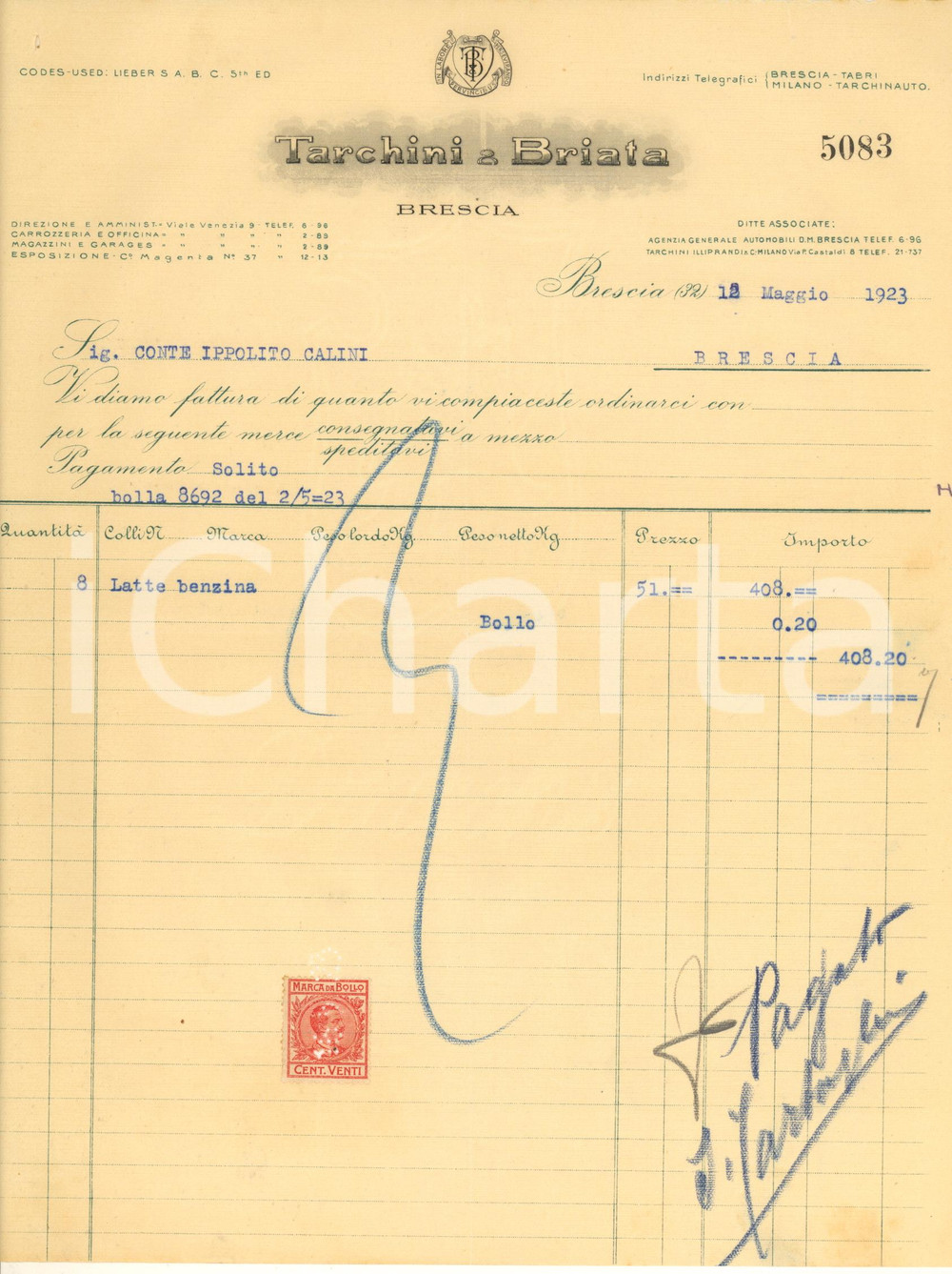 Documento originale, autentico 1923 BRESCIA Ditta TARCHINI & BRIATA automobili  Fattura intestata 5 1