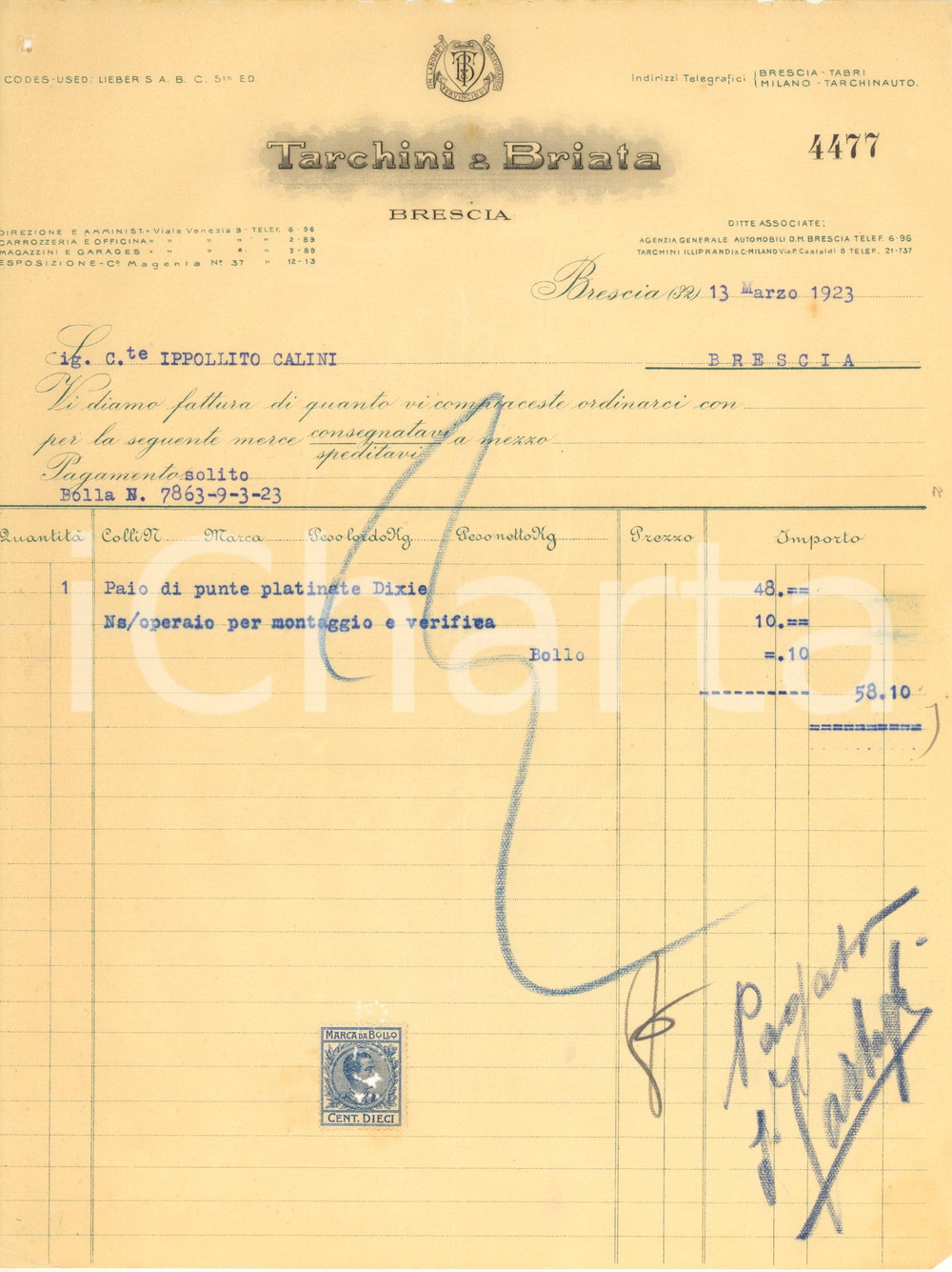Documento originale, autentico 1923 BRESCIA Ditta TARCHINI & BRIATA automobili  Fattura intestata 6 1