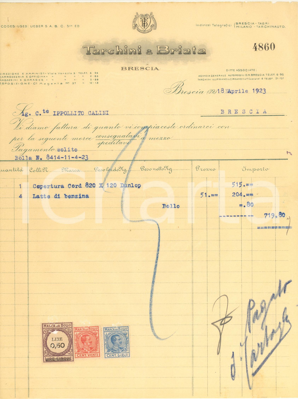 Documento originale, autentico 1923 BRESCIA Ditta TARCHINI & BRIATA automobili  Fattura intestata 7 1