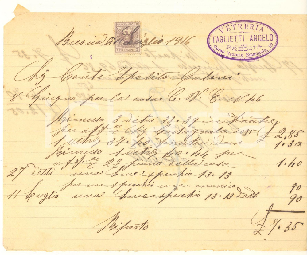 1916 BRESCIA Vetreria TAGLIETTI Angelo - Fattura MANOSCRITTA Fattura manoscritta, originale d'epoca, con  timbro del fornitore.PAGINE: 1 CONDIZIONI:FAIR/discreto piegature d'epoca, con strappo angolareFORMATO: 20x18 cm originale e autentica 1