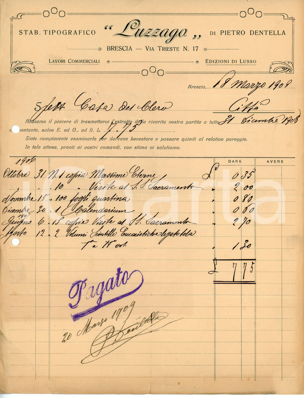 Documento originale, autentico 1909 BRESCIA Stab. tipografico LUZZAGO Fattura per la Casa del Clero  21x28 cm 1