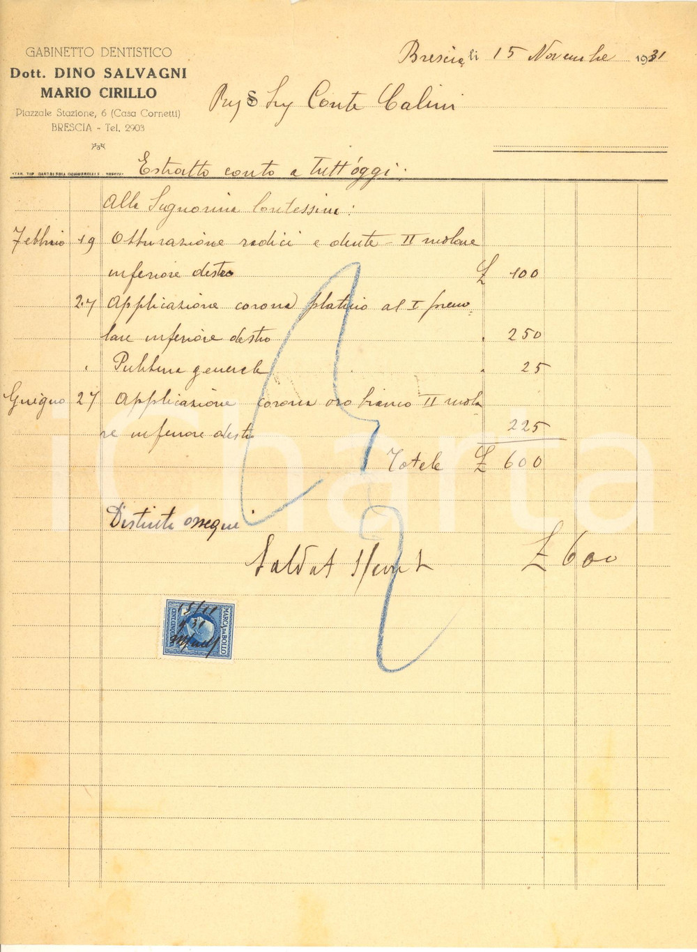 Documento originale, autentico 1931 BRESCIA Dino SALVAGNI Mario CIRILLO Gabinetto dentistico  Fattura 1