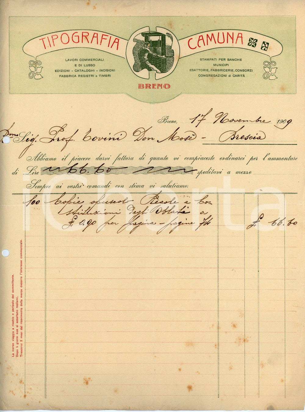 Documento originale, autentico 1909 BRENO Tip. CAMUNA Fattura a Don Mosé TOVINI per stampa opuscolo  23x29 cm 1